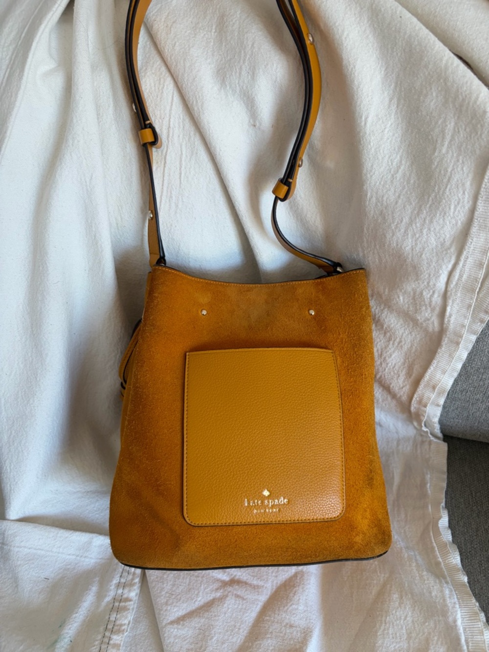 kate spade mustard suede and leather crossbody with adjustable strap